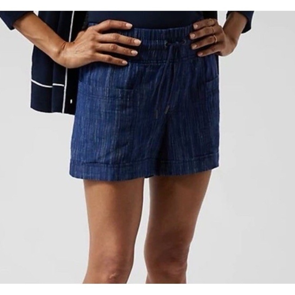 Athleta‎ Cabo Linen Blend Shorts Blue Gauze Drawstring Elastic Waist Size